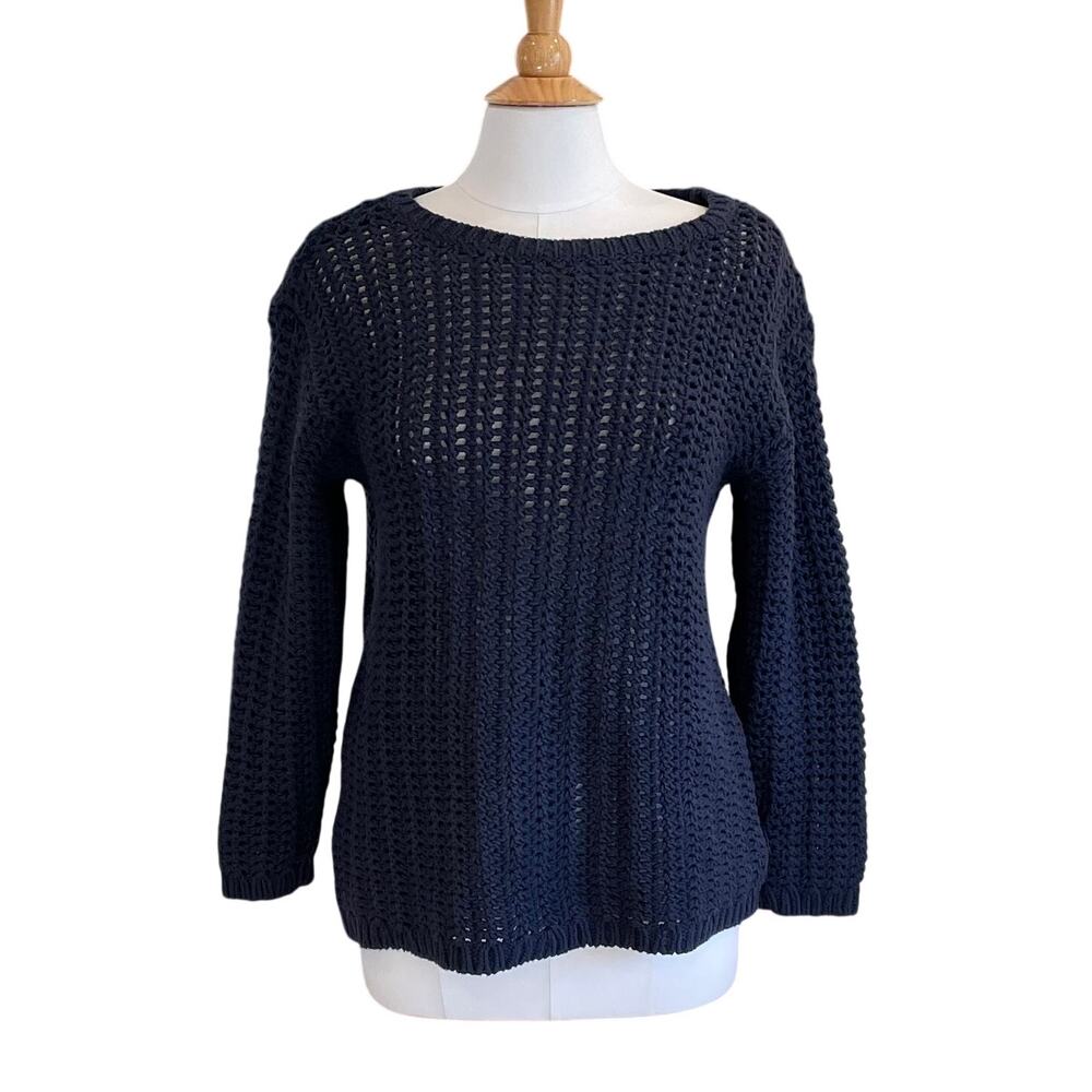 L.L. Bean 100% Cotton Navy Blue Open Knit Long Sleeve Round Neck Sweater, M